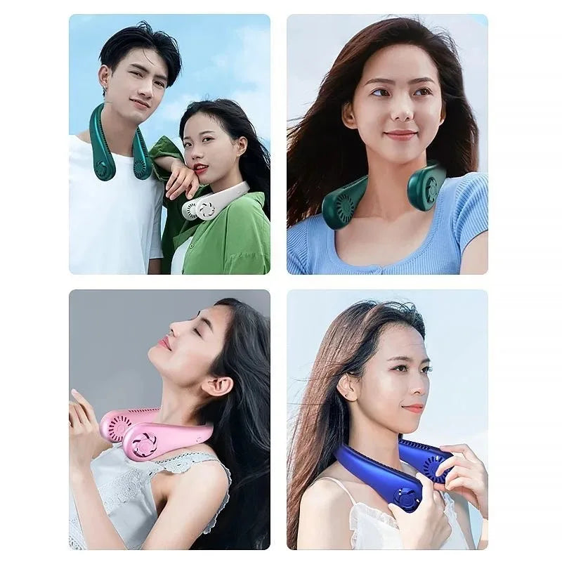 2025 Long Endur New Mini Neck Mounted Fan Portable Bladeless Neck Rechargeable Air Cooler 3 Speed Mini Summer Sports Fan Outdoor