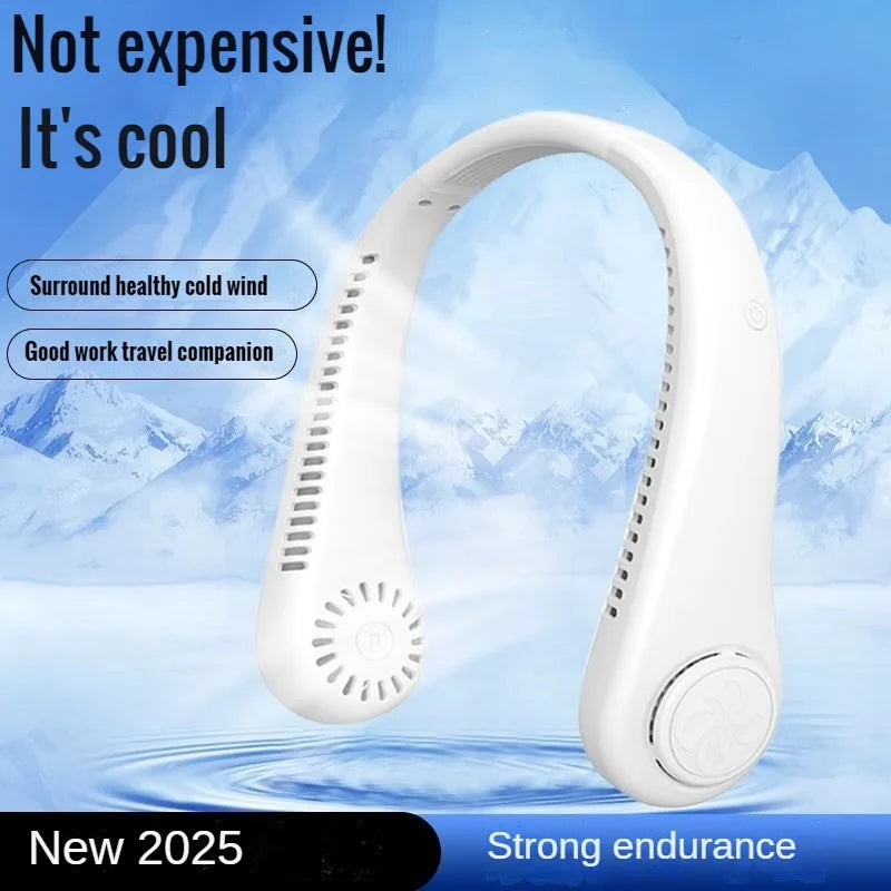 2025 Long Endur New Mini Neck Mounted Fan Portable Bladeless Neck Rechargeable Air Cooler 3 Speed Mini Summer Sports Fan Outdoor